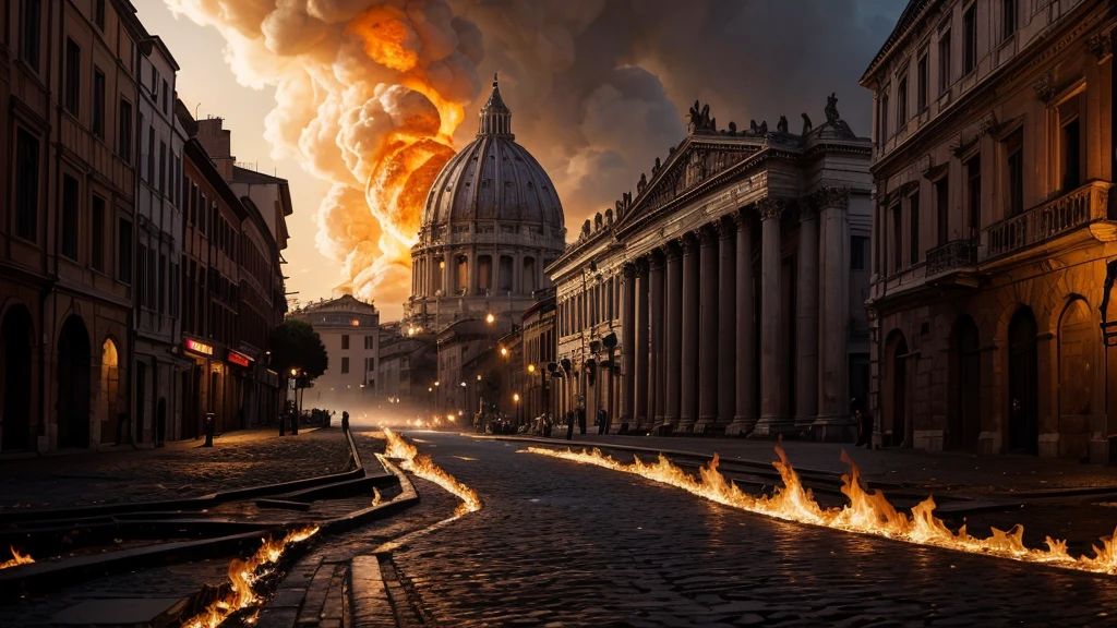 Old Rome, Midnight, dramatic,in the dark, dark, burning cathedral in the distance, Create a high-resolution digital painting of a street in the ancient rome with a burning cathedral in rome illuminated by the intense flames engulfing dimly the scene The background features the crumbling arches and shattered stained glass windows of the cathedral, all consumed by fire. The overall atmosphere is dark, chaotic, and anticlimactic with vivid details of the burning inferno heavy use of dramatic lighting and bold contrasts, Ancient rome