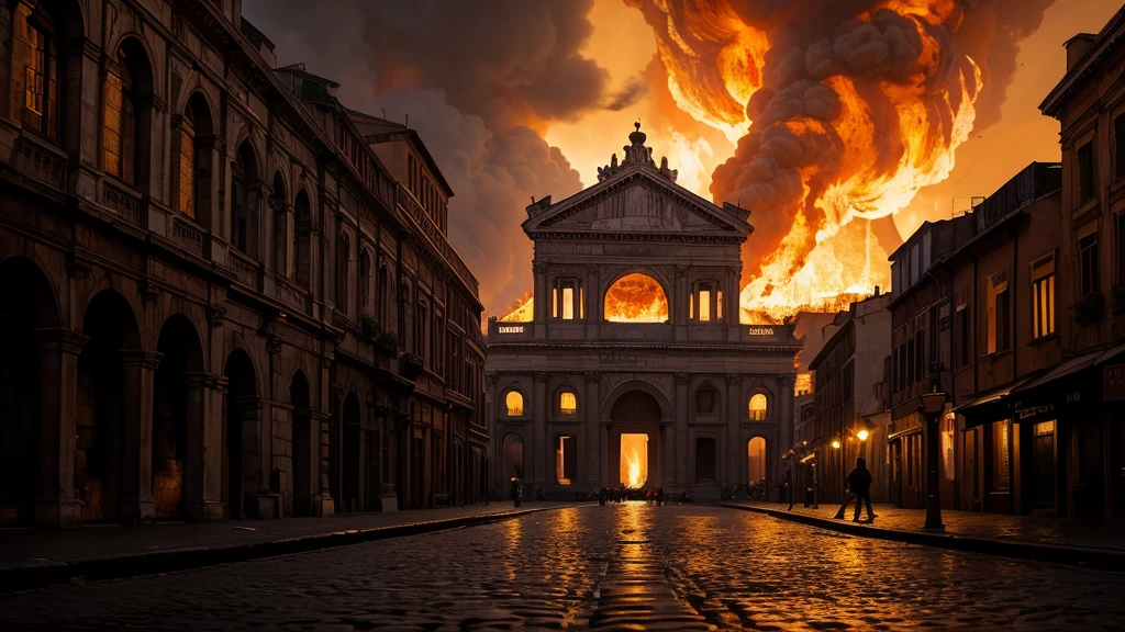 Old Rome, Midnight, dramatic,in the dark, dark, burning cathedral in the distance, Create a high-resolution digital painting of a street in the ancient rome with a burning cathedral in rome illuminated by the intense flames engulfing dimly the scene The background features the crumbling arches and shattered stained glass windows of the cathedral, all consumed by fire. The overall atmosphere is dark, chaotic, and anticlimactic with vivid details of the burning inferno heavy use of dramatic lighting and bold contrasts, Ancient rome