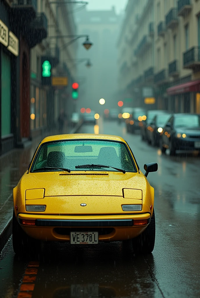 Yellow and green beuldor in the rain, it is a car