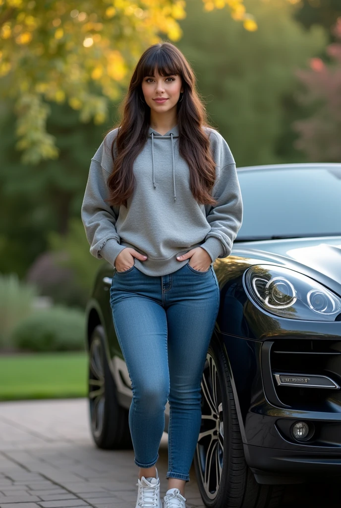 19 year old white American curvy brunette women beautiful with hoodie and long jean she has fringe and has make up on standing next to Porsche svu in backyard