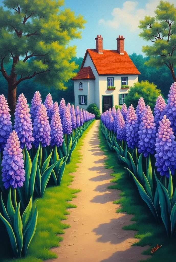 Hyacinths lining a garden path to a cottage., oil painting in style of Rufino Tamayo