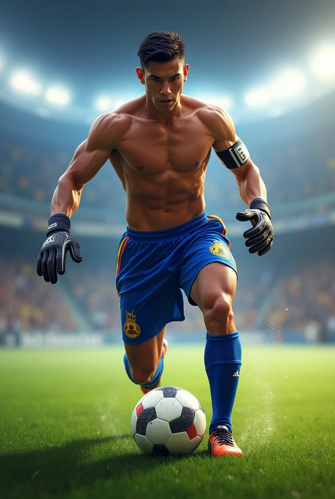 Shirtless Thai soccer player wearing blue soccer shorts with flames and knee high soccer socks and  gloves