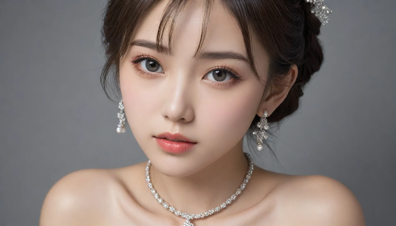 8k, Ultra-high resolution, Highest quality, masterpiece, 三分割法によるphotograph,Surreal, photograph, 1 Girl, (:1.3), pretty girl, Cute Face, 細部までBeautiful Eyes, 細かくdetailedに,masterpiece,One Girl:1.2,Japan Female Teachers,cowboy shot,Serious expression,Black short hair,hair bun,Super Beautiful Girl 4,((1 girl:1.4)),Shine, Natural skin texture、(Stylish clothes:1.4)、(The highest rank of ceremonial attire:1.4)、Attractive girl、16 years oldmale body:1.4)、(女の子のポートレートphotograph:1.4Photorealistic images:1.4),Fantasy art,(Beautiful Face:1.4),Beautiful and attractive eyes、Beautiful Eyes、(Tight waist:1.4)、(9 Beautiful girls with perfect body proportions:1.4),Red lips,(choker:1.4、necklace:1.4、Earrings:1.4),Looking at the audience,(((Ideal body type))),A-cup small breasts :2,、Portraiture:2、Perfect Anatomy、鮮明なdetailed、detailed,Fashion magazine cover,Thin lips,Gray background ,完璧でBeautiful Face ,完璧でCute Face, Skin with attention to detail, Perfect limbs、Narrow waist,Looking at the audience,(((Ideal body type))),A cup small breasts :2,Portraiture:2,Perfect Anatomy,鮮明なdetailed,detailed,Surreal,Light and shadow,spotlight