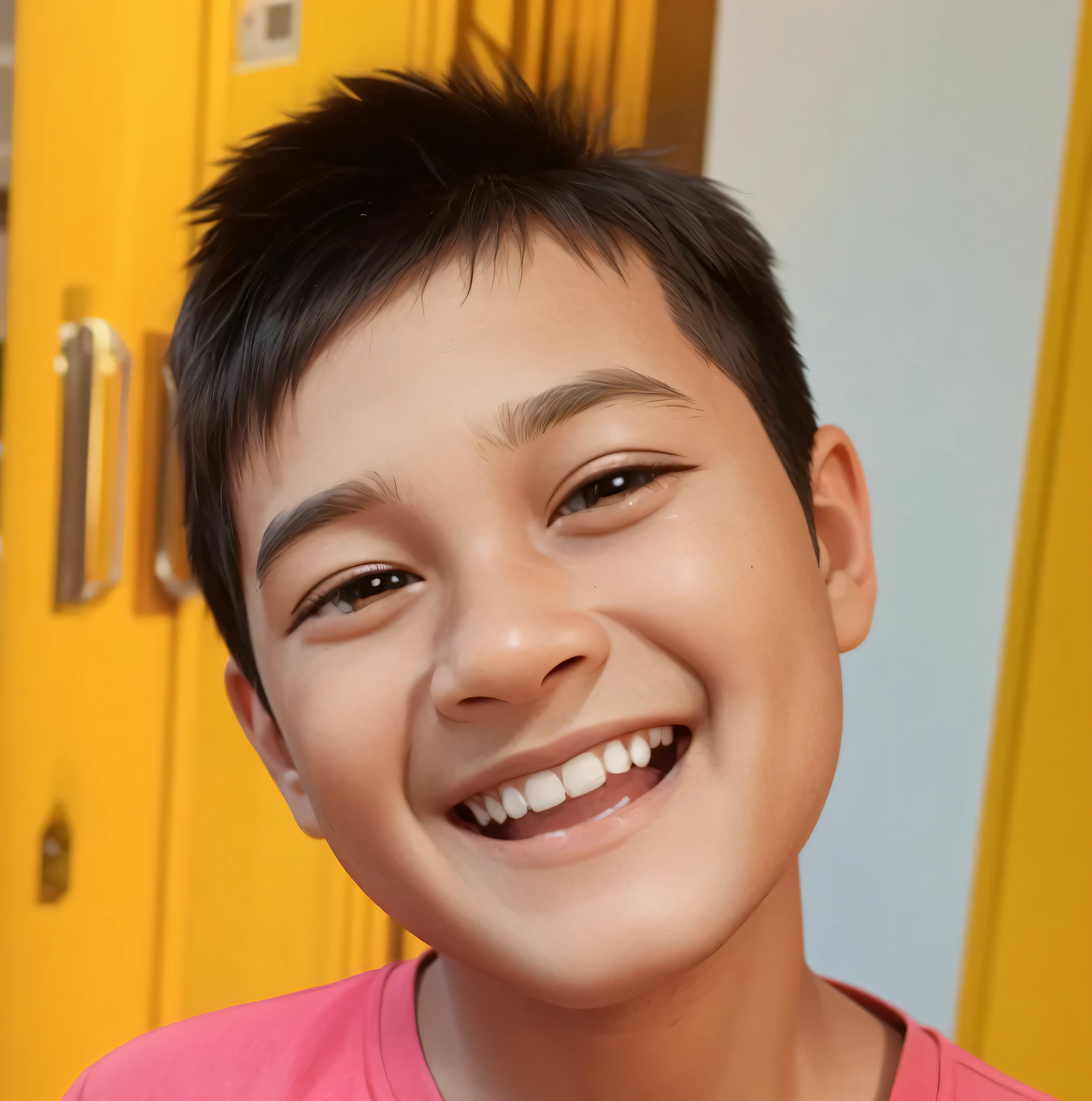 A boy 5 , beautiful black hair, half body, smiling cheerfully, portrait, 3D cartoon, realistic, detailed skin, natural skin, unreal, 