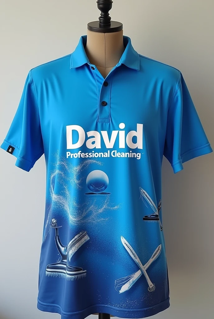 Give me an idea for a template for a company shirt that cleans windows with images of cleaning on the shirt blue colored shirt with the name David professional cleaning