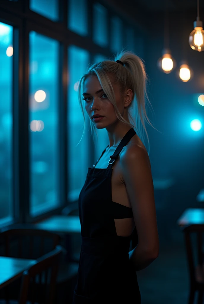 ((best quality)), ((masterpiece)), (detailed), 1girl, (black apron:1.6) Caucasian (white blonde hair:1.3), skinny cute, ponytail hairstyle, age 22:1.3, makeup:1.3, eye makeup:1.2, big lips:1.3, full body visible in a dark blue restaurant, pov from bellow, ( short height skinny cute:1.3), naked