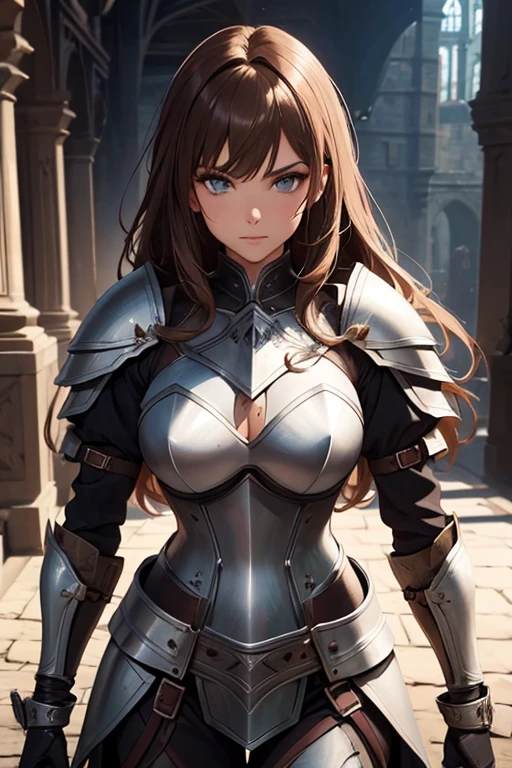 young woman, dressed in armor knight costume, with necklines, equipped with a sword in the waist sheath, corpo sexy, brownhair, eyes browns, warrior shield equipped on back. She is posing attractively. Medieval backdrop.