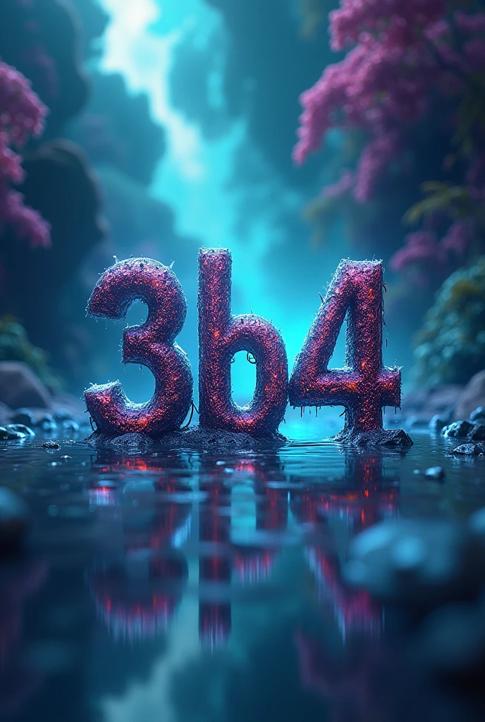 Create a psychedelic image with cool colors and the name "3b4" written in a way as if it were stained.