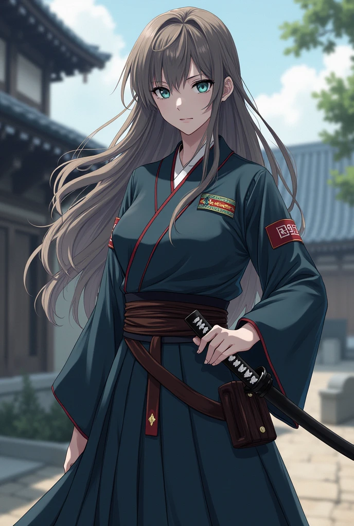 An anime character in style of an anime called "Demon slayer". Female, name - Amei which means heavens, sky. Create that character based off of her name. She wears a haori, has a katana, a demon slayer corps uniform. She's human, has sharp eyes and unexpressive look. Pale skin, long hair. Doesn't have a revealing clothes. The colour of her hair shouldn't be white, dark blue, orange, yellow, purple, pink, green, teal or red. Don't make her eyes too big.