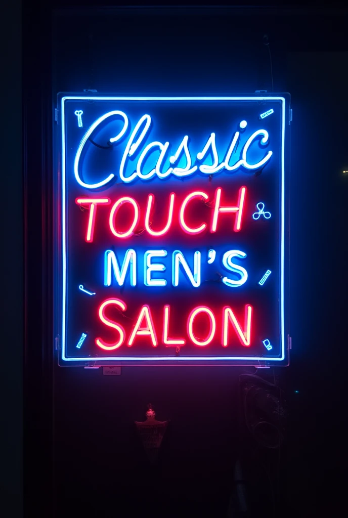 Creat a name bord in neon led for salon with hair cut instruments size 1.5×4 ft
Salon name is classic tuch men's salon
