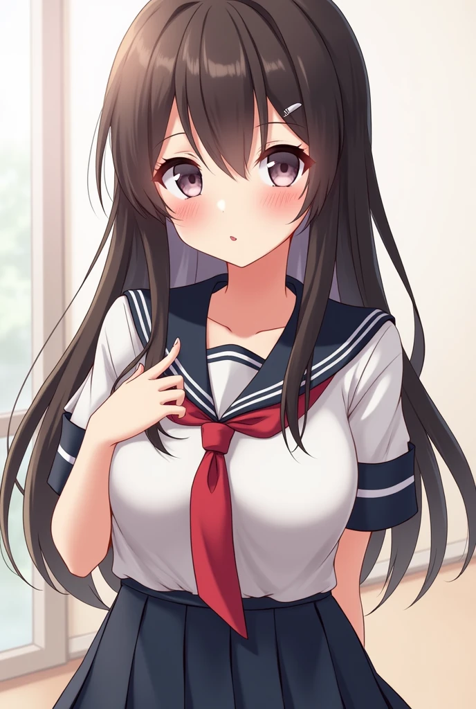 anime girl, about in a schoolgirl outfit showing her tits , shows her breasts naked