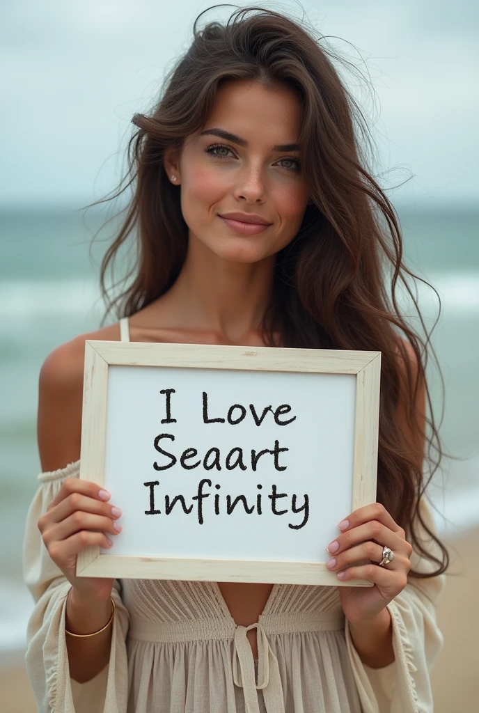 Beautiful girl with wavy long hair, bohemian dress, holding a white board with text "I Love Seaart Infinity" and showing it to the viewer