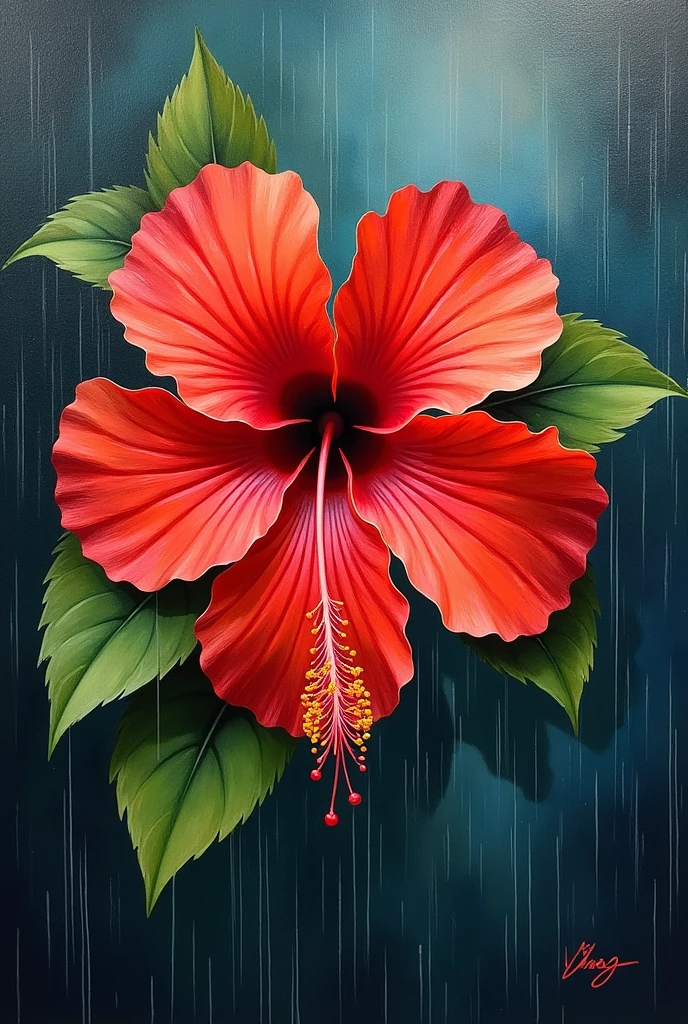     •A vibrant hibiscus after a rain shower.., oil painting in style of Rufino Tamayo 