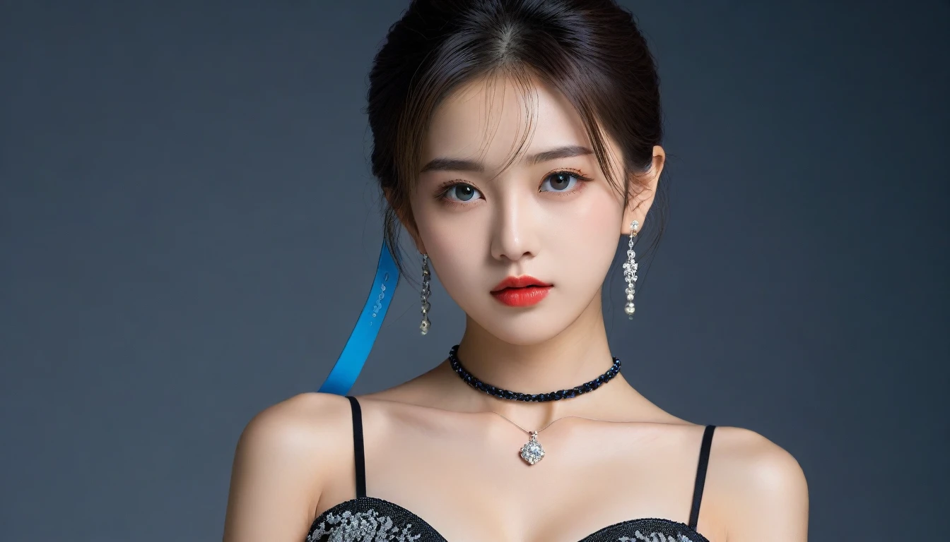 8k, Ultra-high resolution, Highest quality, masterpiece, 三分割法によるphotograph,Surreal, photograph, 1 Girl, (:1.3), pretty girl, Cute Face, 細部までBeautiful Eyes, 細かくdetailedに,masterpiece,One Girl:1.2,Japan Female Teachers,cowboy shot,Serious expression,Black short hair,hair bun,Super Beautiful Girl 4,((1 girl:1.4)),Shine, Natural skin texture、(Stylish clothes:1.4)、(The highest rank of ceremonial attire:1.4)、Attractive girl、16 years oldmale body:1.4)、(女の子のポートレートphotograph:1.4Photorealistic images:1.4),Fantasy art,(Beautiful Face:1.4),Beautiful and attractive eyes、Beautiful Eyes、(Tight waist:1.4)、(9 Beautiful girls with perfect body proportions:1.4),Red lips,(choker:1.4、necklace:1.4、Earrings:1.4),Looking at the audience,(((Ideal body type))),A-cup small breasts :2,、Portraiture:2、Perfect Anatomy、鮮明なdetailed、detailed,Fashion magazine cover,Thin lips,Gray background ,完璧でBeautiful Face ,完璧でCute Face, Skin with attention to detail, Perfect limbs、Narrow waist,Looking at the audience,(((Ideal body type))),A cup small breasts :2,Portraiture:2,Perfect Anatomy,鮮明なdetailed,detailed,Surreal,Light and shadow,spotlight