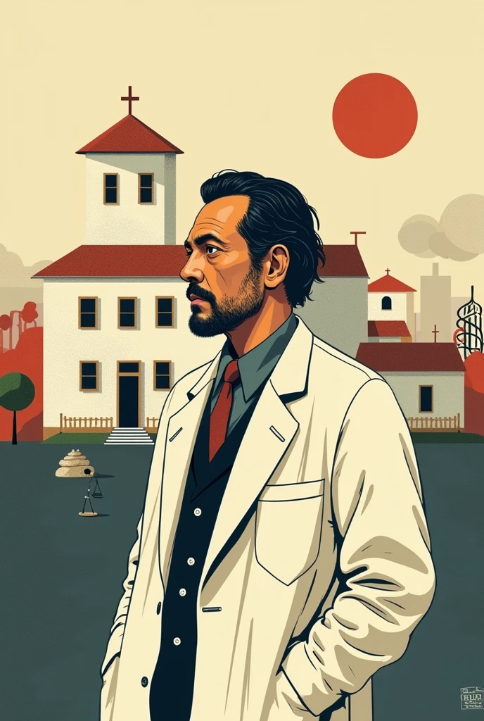 Get inspired by the work of the book of ax of Assisi, the alienist.
dr. Simão Bacamarte:
Draw a stylized portrait of him, with a thoughtful or intense expression. It could be with a medical coat and a concentrated expression.
madhouse:
Behind or next to Blunderbuss, draw a simple building that represents an asylum, with some windows and a hospital structure.
Additional Elements:
city environment:
Draw some simple houses or trees in the background to represent the city of Itaguaí.
Symbols of Sanity and Madness:
Add symbols, like a scale to represent balance (healthcare) and a spiral or cloud to represent confusion (craziness).
Location: At the bottom or next to the main drawing.
texto: “Crítica à healthcare e ao poder na sociedade” ou uma frase curta que capture o tema do livro.
in simple ways