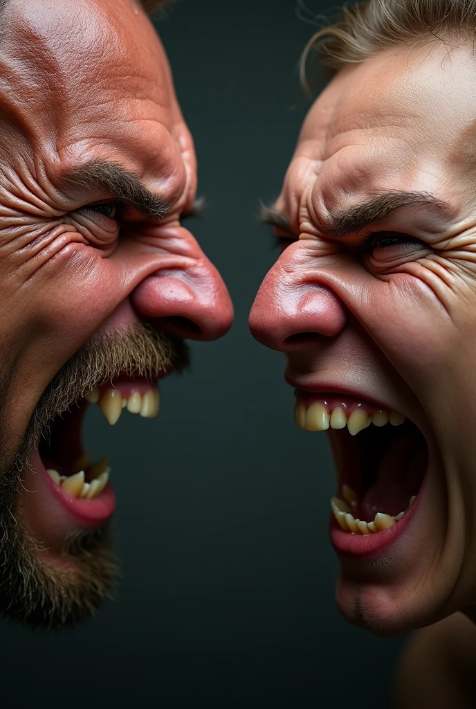 close-up of their snarling faces, showing intense expressions.