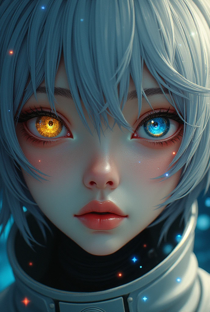 (Close-up of a better masterpiece:1.5)0.9], (Space and astronauts:1.2) (Messy silver hair:1.1) (Heterochromia xanthochromia and blue eyes:1.2) (Space Helmet:1.0) (Colored stars in the eyes:1.0) (A radiant glow:1.1) (thick lips:0.9)