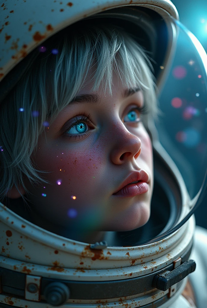 (Close-up of a better masterpiece:1.5)0.9], (Space and astronauts:1.2) (Messy silver hair:1.1) (Heterochromia xanthochromia and blue eyes:1.2) (Space Helmet:1.0) (Colored stars in the eyes:1.0) (A radiant glow:1.1) (thick lips:0.9)
