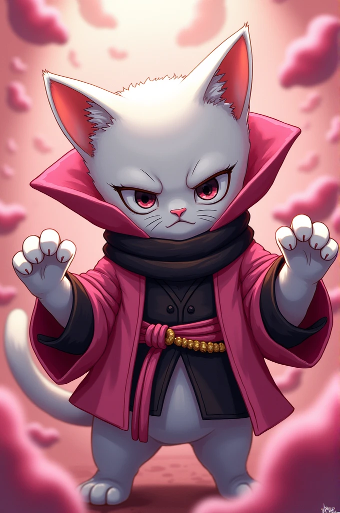 A white cat dressed as katakuri from one piece