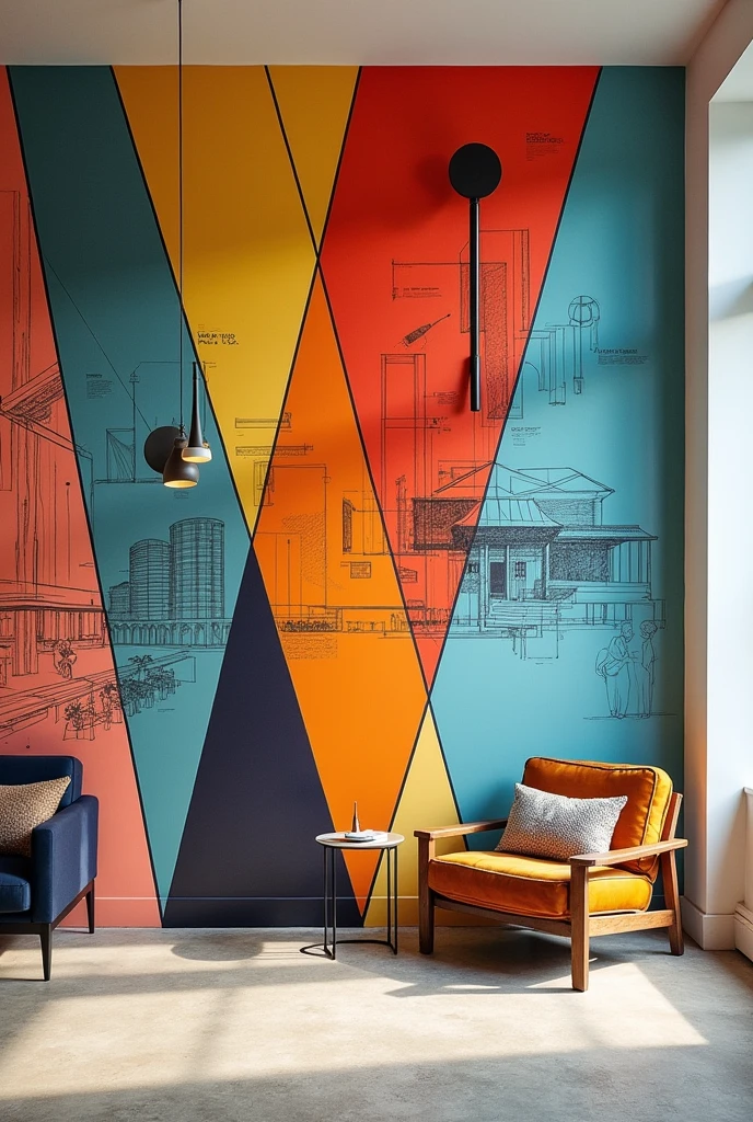 A mural with five sections divided into irregular triangles and within it drawings by Le Corbusier, Modern Art, around, minimalism in architecture