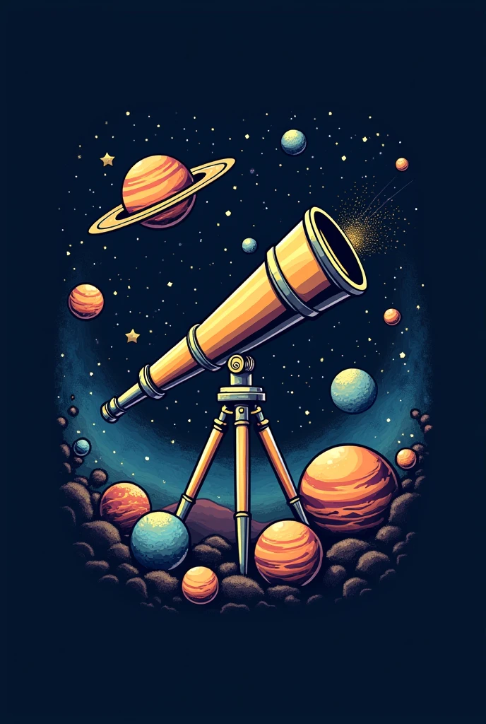 An emblem for an astronomy club with planet stars, telescope and rocket