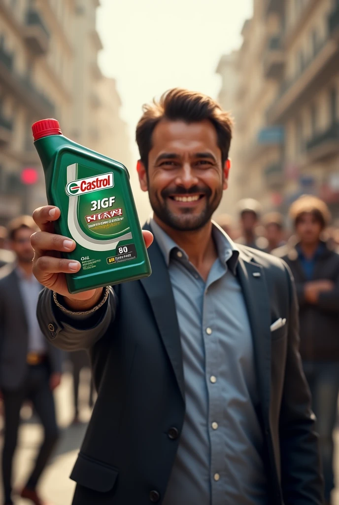 A man holding Indian 1 litre Castrol engine oil in his hand with a smile on his face showing that the engine oil is cheaper but better in performance, shocking people behind him