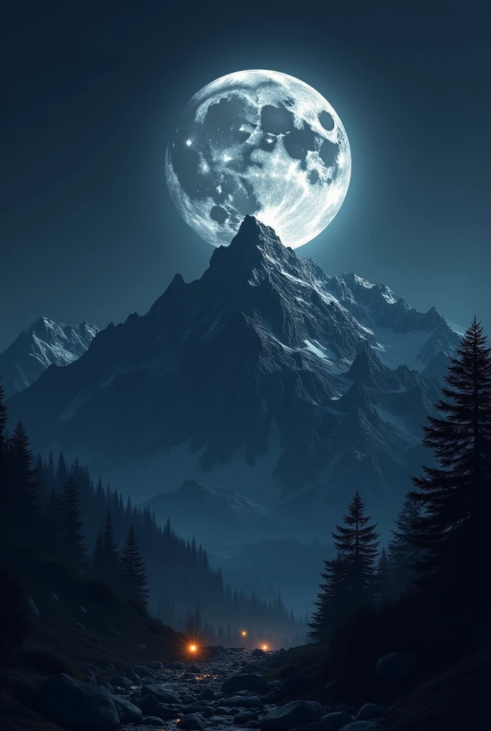 Creates an image of a Dark Moon near a mountain