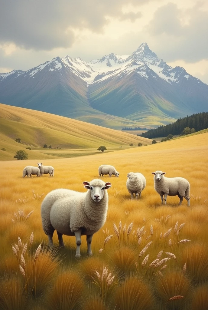 Painting of a field with mountains, Cloudy sky, wheat and sheep fields