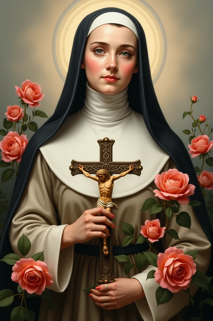 Saint Therese of the Child Jesus with roses and crucifix with Jesus