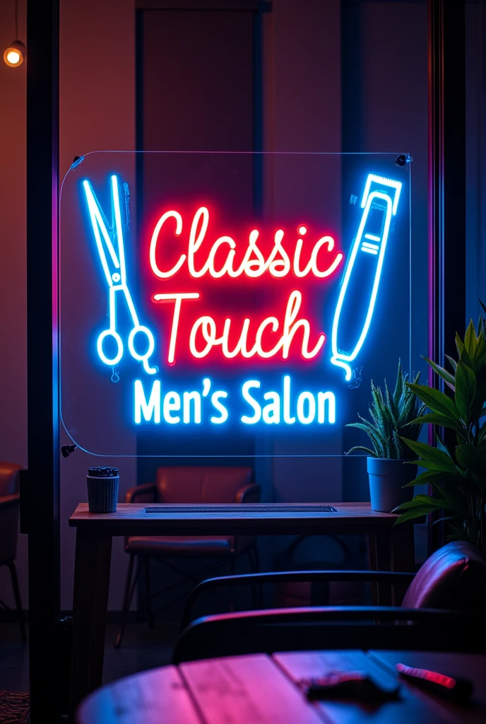 Creat a name bord design in neon led for salon with hair cut instruments size high 20cm width 50cm
Salon name is classic tuch men's salon