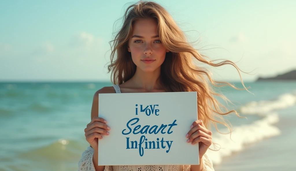 Beautiful girl with wavy long hair, bohemian dress, holding a white board with text "I Love Seaart Infinity" and showing it to the viewer
