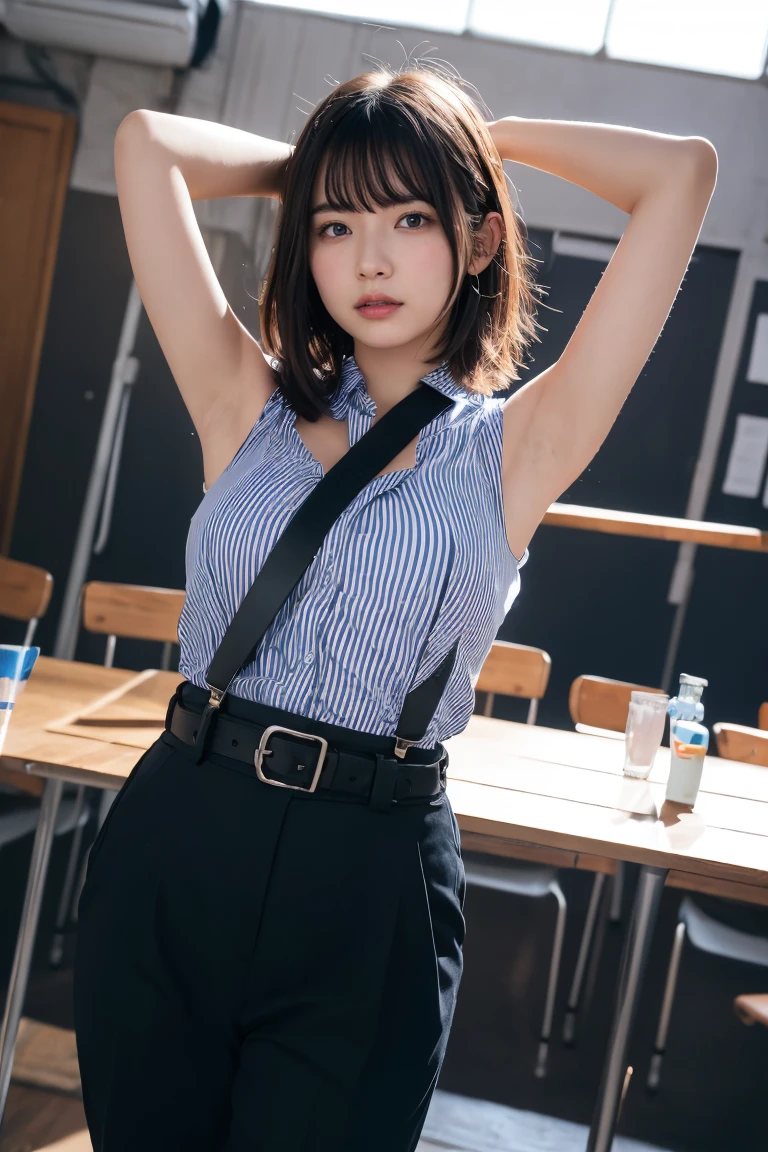 masterpiece、Flat Color、Depth of written boundary、Lens Flare 1 Girl、、Brown Hair、Staring at the audience　　　　belt　Black suspenders　　　Plump breasts　　　 　 Armpit sweat　sweating　Sides of both hands　　wall: 　Black trousers, 　sight　　　Small face　bangs over eyes　Aside Cutter Shirt　huge、Age 25