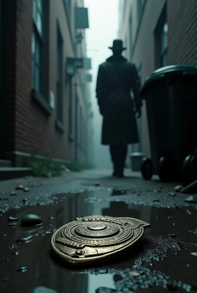 You can create the image of a badge like in an alley next to a garbage can and have the badge shine to catch a man's attention.