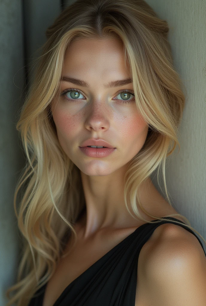 Cute blonde girl with long, slightly wavy hair, light eyes, A little cold but with elegant features