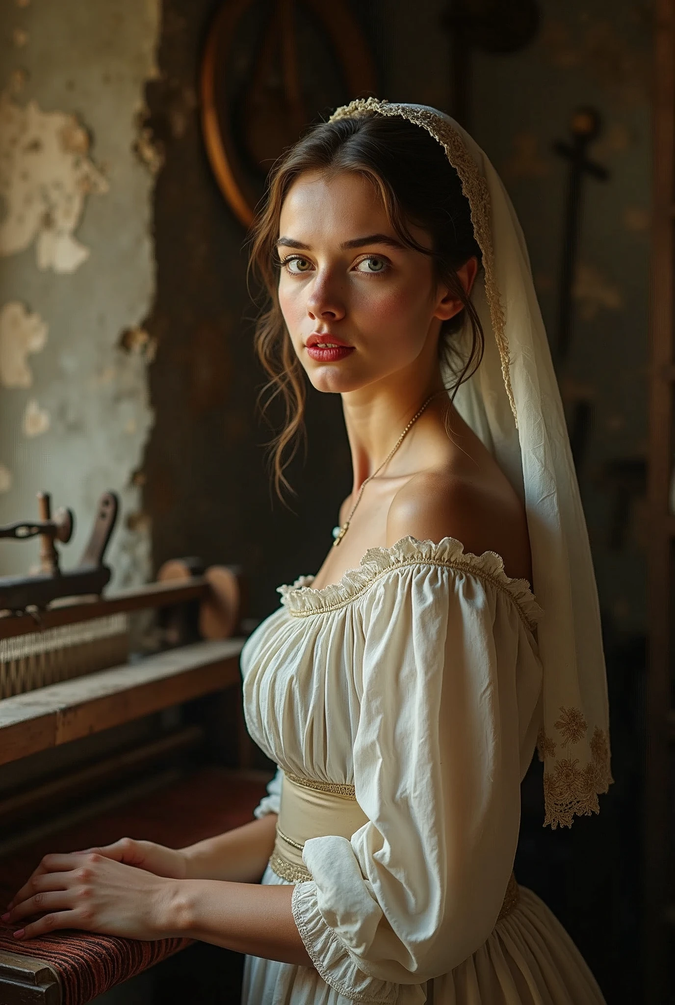 Impressionism style portrait, graphical photographical portrait, most beautiful model, poor dress, femme fatale, ancient Italian 18 years old girl, 19st century a.d., in an ancient poor farmer house, old agriculture tools on the walls, voluptuous, very feminine, working at the loom. (Head leaning on one side), Stern look, (pale, red open lips). candid expression, candid pose, deep blue eyes, looking viewer over the shoulder with a penetrating gaze, face skin imperfections: eye bags, wrinkles, freckles, pores. Veil on her head, hyper detailed scene, hyper realistic, rich graphical background, intimate calm atmosphere, award winning art, raytracing, sharp focus, bokeh, 8k, hdr, masterpiece, photography, dslr, kodachrome, 35mm photograph, analog film, professional, low angle side view, embedding:OverallDetailXL