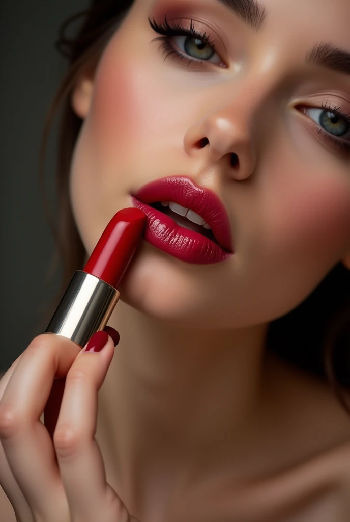 Lips of beautiful women with money rolled lipstick touching to her lips