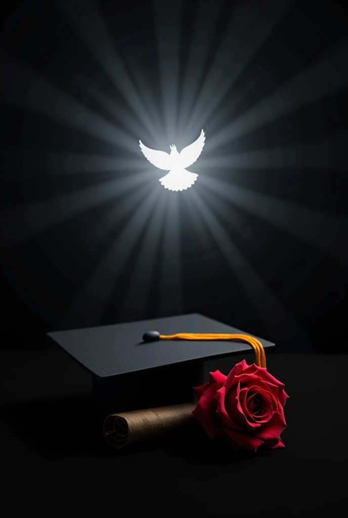 Black blurred background with a light from the sky, a peace dove, a graduation cap, and a rose in the background