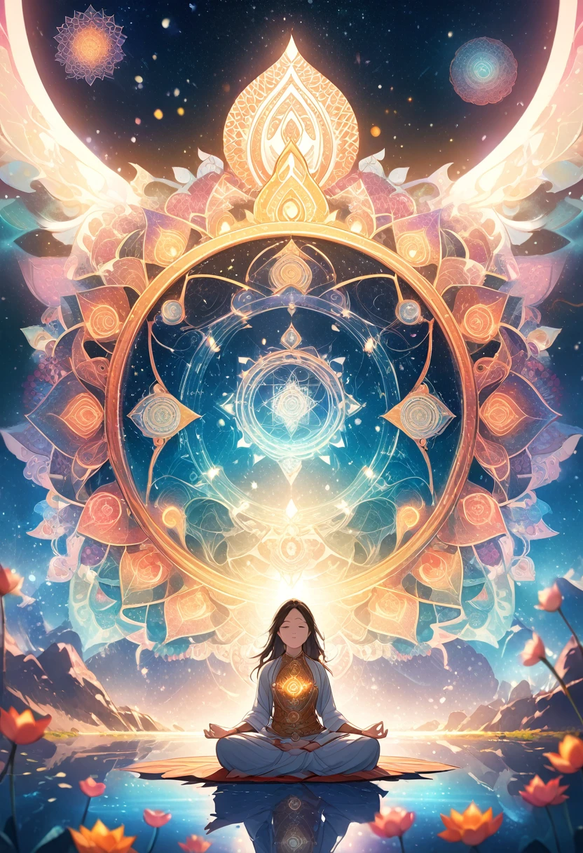 A girl meditating in a cosmic space, surrounded by intricate mandalas and sacred geometry, reflecting the essence of Hindu philosophy. The scene is infused with elements of karma, dharma, and moksha. In the background, the universe unfolds with divine symbols like the Om, lotus flower, and the trident of Shiva. The artwork features vivid colors, ethereal lighting, and a serene atmosphere, blending high detail and spiritual symbolism in 8K resolution. Double exposure photography adds a mystical touch, with subtle bokeh effects enhancing the divine presence.