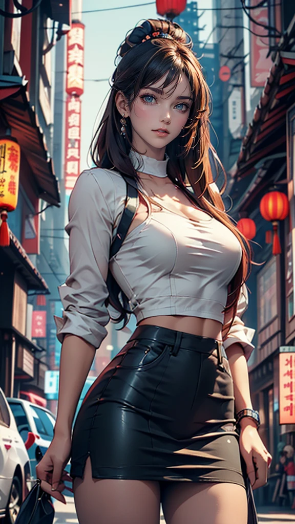 masterpiece, best quality, shadows, perfect hands, perfect legs, perfect anatomy, pretty face, mature features, 1 girl, 21 years old, MILF, mature woman, tight crop top, sexy leather skirt, city night background, black long hair, thighs, ass, breast, seductive, spicy, posing, cinematography lights,
