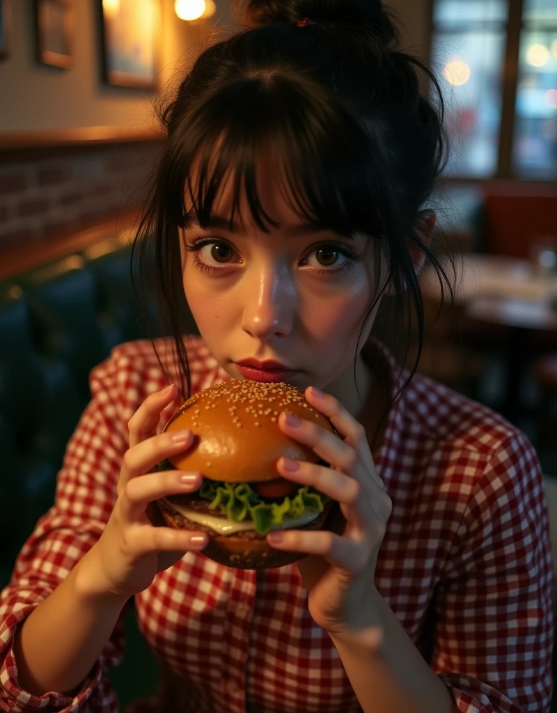 Hot English teen in a checkered blouse, eating a hamburger at a cozy dark cafe, 80mm, sexy hazel eyes, full lips, flirty, evening, messy black hair in pony tail, huge bust, huge breasts under shirt, from above looking down,