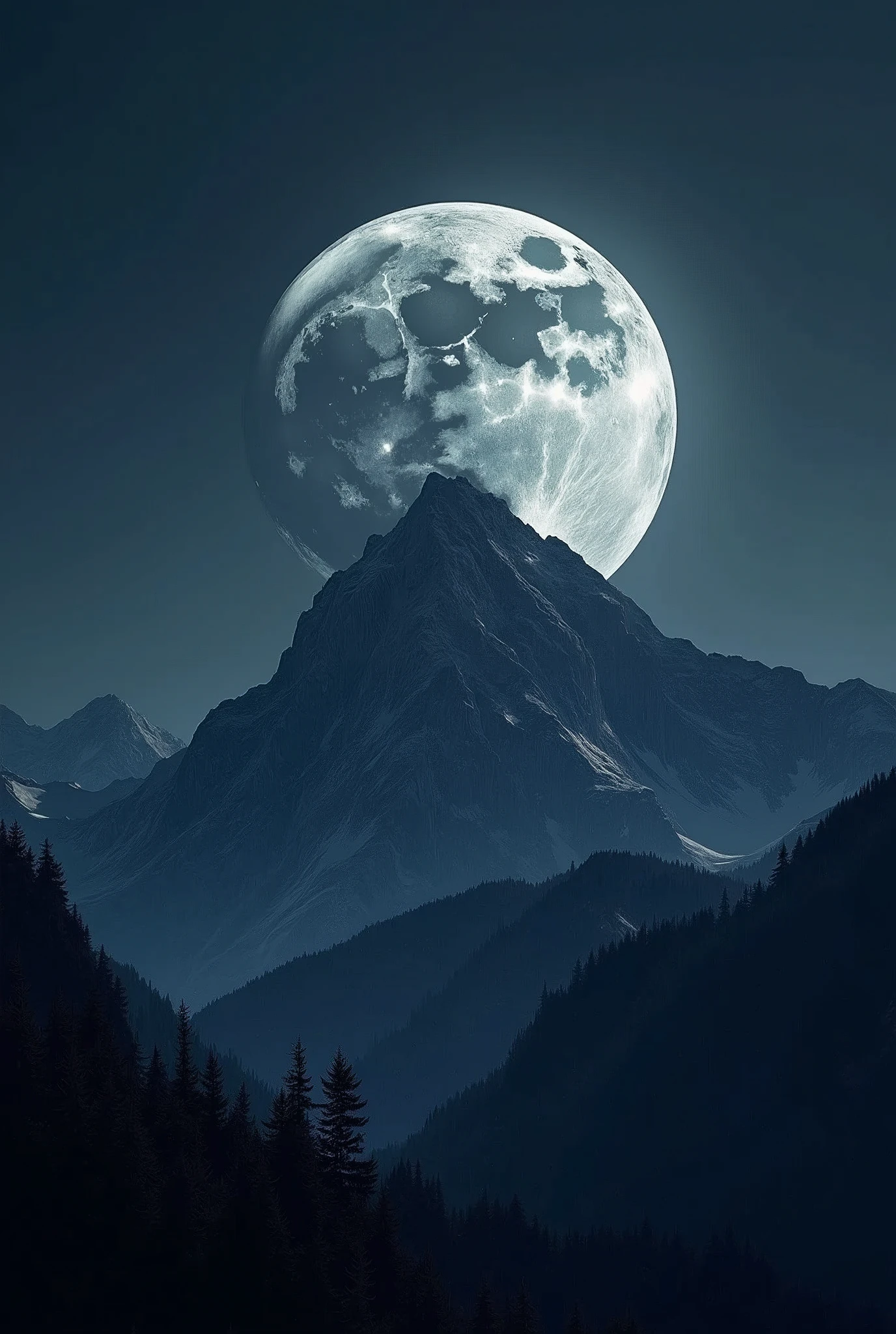 Creates an image of a Dark Moon near a mountain