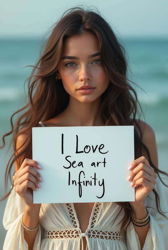 Beautiful girl with wavy long hair, bohemian dress, holding a white board with text "I Love Seaart Infinity" and showing it to the viewer
