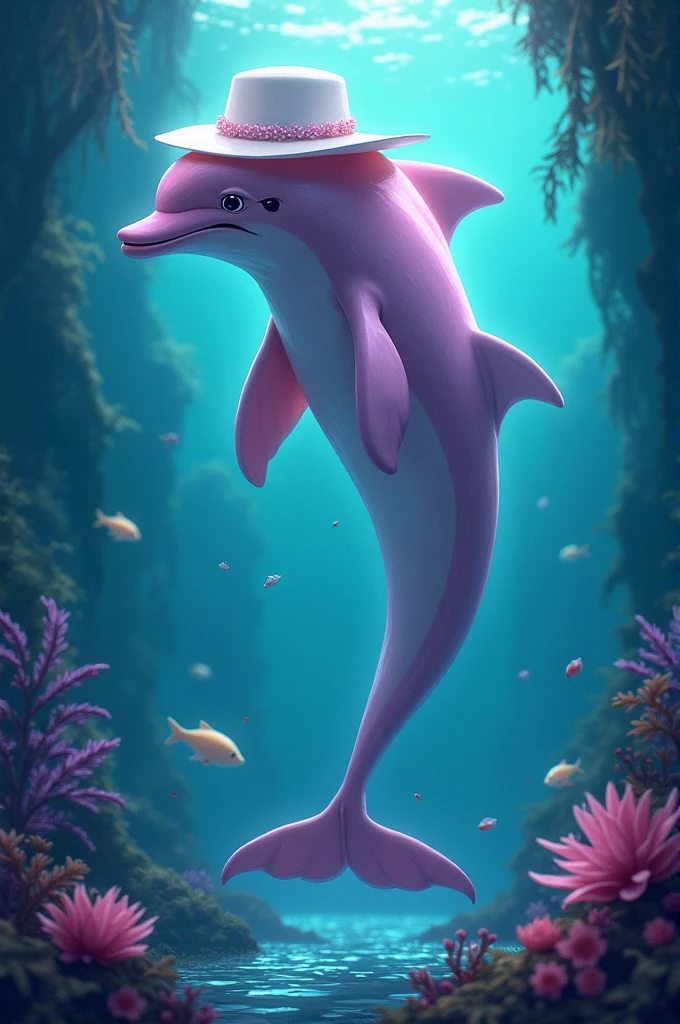 Create the legend of the pink dolphin in the shape of a standing dolphin with a white hat