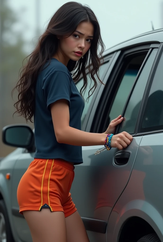 An image of a 27-year-old brunette girl with long straight dark hair and brown eyes and is slim. She is sweaty from the face. She's desperate, nervous. Bring orange basketball shorts and a navy blue exercise t-shirt.. He is with a car key in his hand trying to open the door of his gray car but it does not open the door. On her right wrist she has a blue string bracelet., yellow and red.