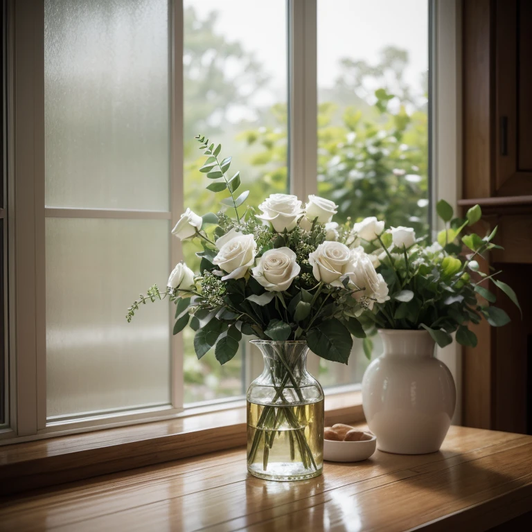 Consider an elegant collection of roses placed in a cozy home garden with the morning light illuminating the petals, the soft morning dew on the petals shining, the aged, textured wooden surface of the garden enclosure, the sunlight creating a golden glow, the environment exuding warmth and tranquility, atmosphere filled with serenity and comfort, super-realistic manga style, made with a Nikon D850, 85mm lens, f/1.8 aperture, ISO 200, natural light, negative scenario: harsh lighting, monochrome, simple glass vase, dusty counter, blurred image, low resolution