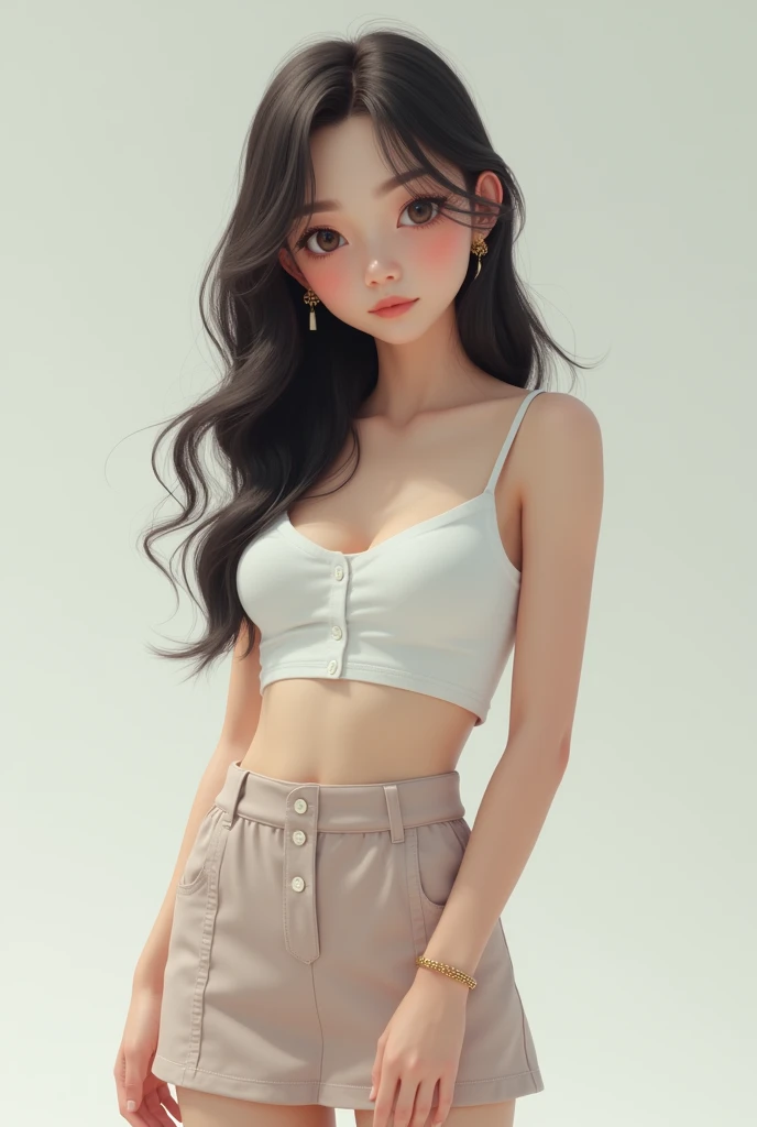  girl wearing a skirt and a white top and thin legs. Realistic
