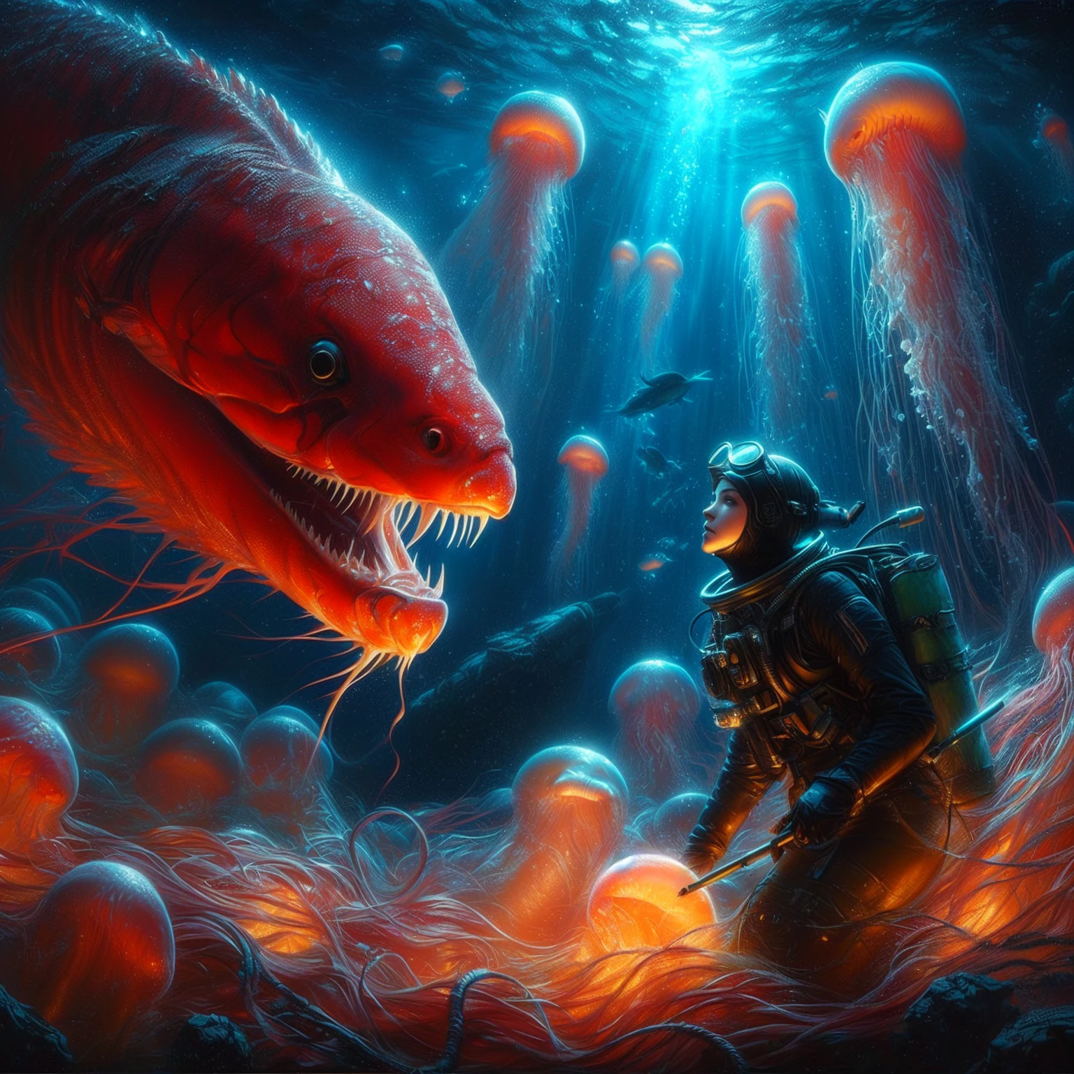 painting of a woman in a diving suit looking at a giant eel, greg beeple, by tomasz alen kopera, inspired by tomasz alen kopera, jessica rossier fantasy art, 8 0's style tomasz alen kopera, tomasz alen kopera and cgsociety, epic fantasy sci fi illustration