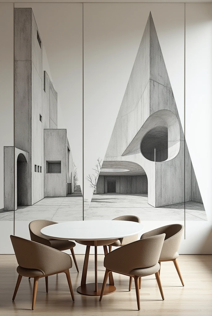 A mural with five sections divided into irregular triangles and within it sculptural drawings by Le Corbusier, Modern Art, around, minimalism in architecture.