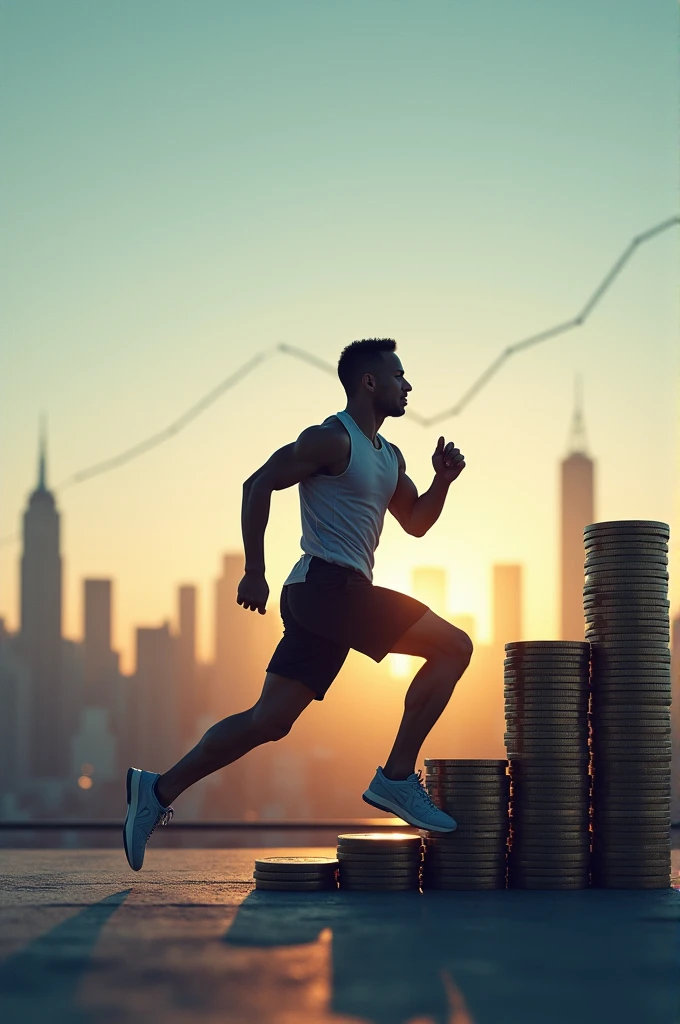 Create an image with an American athlete in action, like running or jumping, superimposed on a stack of coins or a financial growth chart. No fundo, include the skyline of an American city, symbolizing prosperity and robust infrastructure. The image must convey the relationship between strategic investment and success, both in sports and finance.
