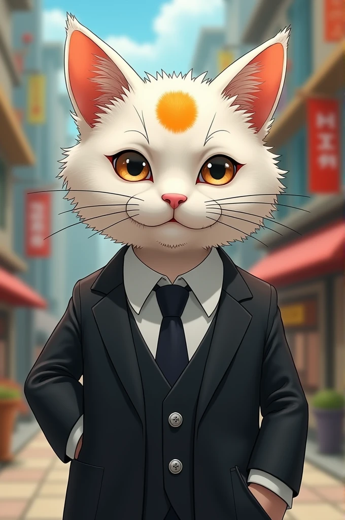 A white cat with an orange spot on its head dressed as Sanji from One Piece
